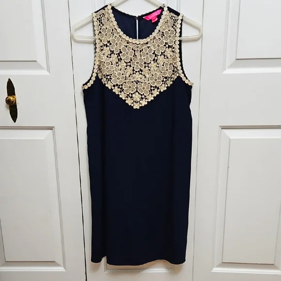 slim fit dress slacks Solid French Terry Embroidered Dress Sleeveless Slit Neck Style 610F00Q07 NG Navy/Gold / Small main image 0